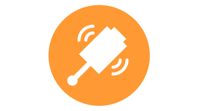 Ícone branco de um apalpador por rádio para medição de automação industrial em processo dentro do círculo laranja