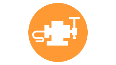 Vit ikon med en verktygsinställare för industriell automationsprobning under drift i en orange cirkel